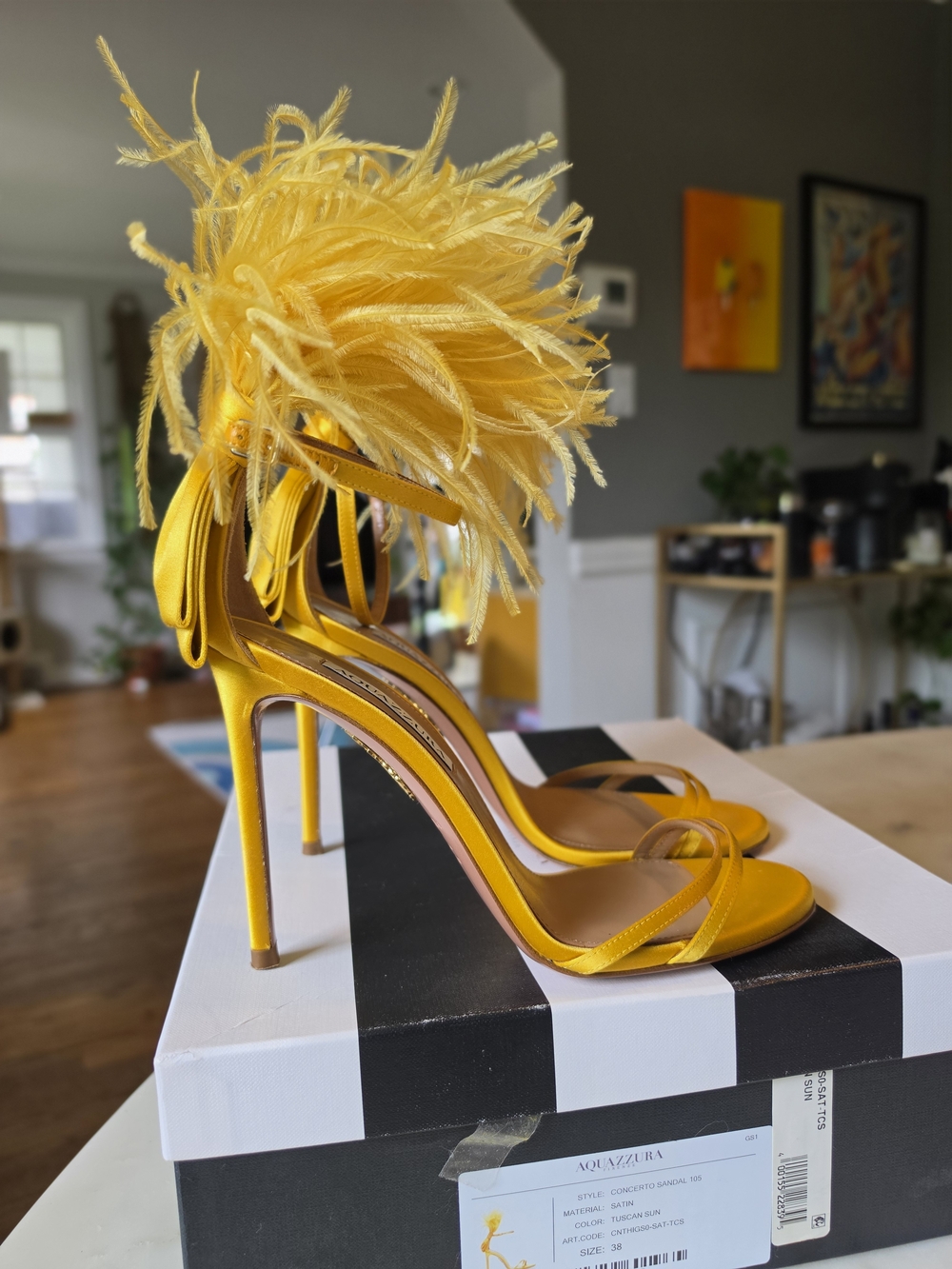 Aquazzura Concerto Feather Stiletto Sandals In Tuscan Sun Size 38/8 - Picture 3 of 13